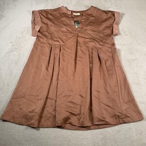 Entro Dress Womens Medium Brown Short Sleeve Pleated Pockets Boho Tunic NEW‎